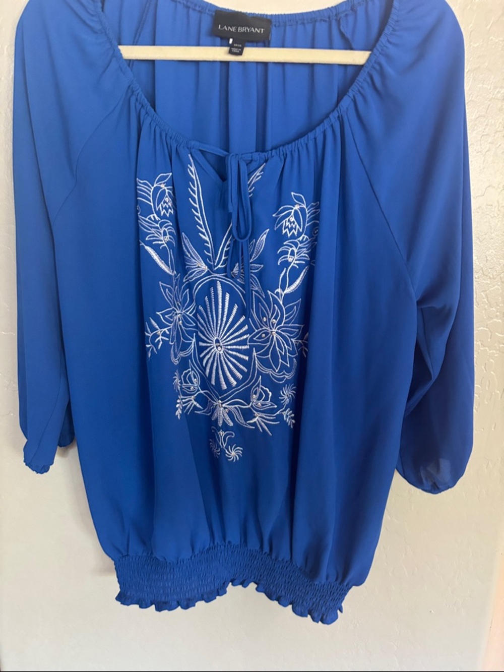 Lane Bryant Blue Peasant Blouse with White Embroidery